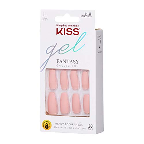 KISS Gel Fantasy Ready-to-Wear Press-On Gel Nails, ¡°All About You¡±, Long, Pink, Matte Finish, Nail Kit with 24 Mega Adhesive Tabs, Pink Gel Glue, Manicure Stick, Mini File, and 28 Fake Nails