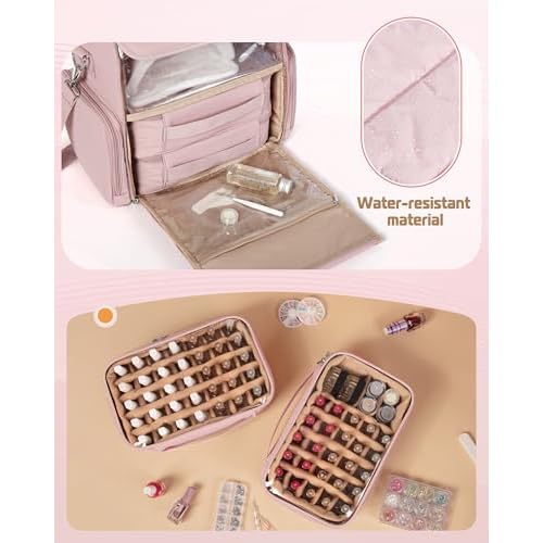 Nail Polish Organizer Bag Holds 70 Bottles and Nail Lamp, Nail Polish Storage Case with 2 Removable Bags and Multiple Pockets, Pink