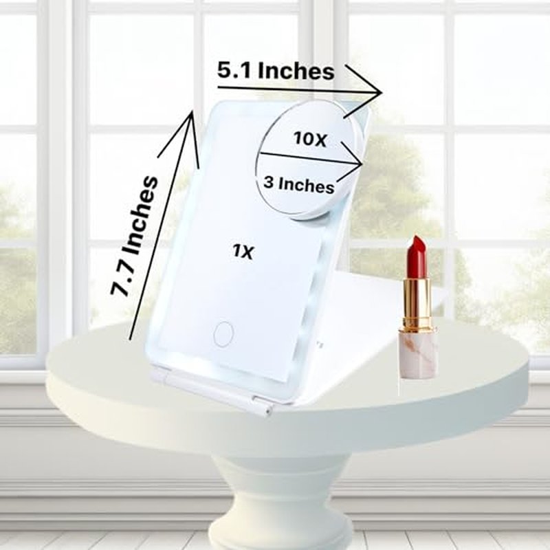 MaxMaze LED Compact Makeup Beauty Travel Mirror Rechargeable 5 X 7 1/2 Inch Foldable with Detachable 10X Magnification and 3 Color Lighted Touch Screen Ultra Thin for Travel Home Office