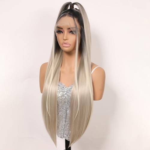 Balayage Ice Platinum Blonde Lace Front Wig with Dark Roots - Ash Blonde Highlights for Women
