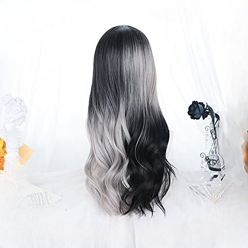 Osseoca Wavy Long Black & White Synthetic Hair Wig - Lolita Princess Style (Size 16)