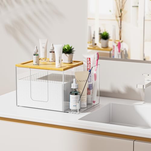 VITVITI Disposable Face Towel Holder Box, Acrylic Clean Skin Club Facial Towel Container with Toothbrush Holders, Large Disposable Face Towels Storage for Bathroom Vanity Makeup, Clear