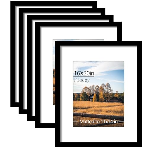 Black 16x20 Inch Picture Frame Set of 5 with Mat - Wall Mount Gallery Frames