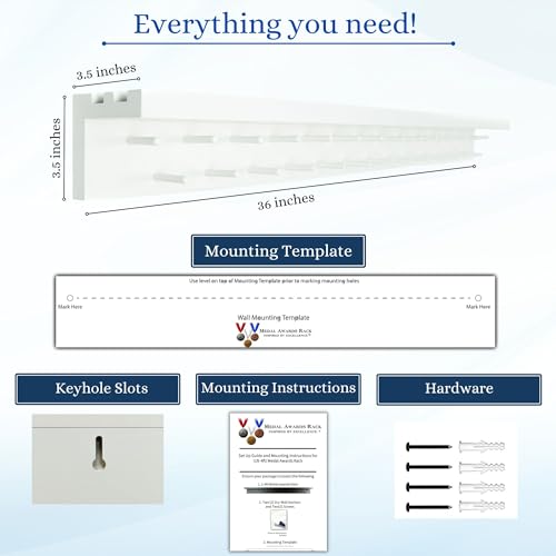 White 3ft Medal Display Rack Wall Mount for Medals & Trophies - Holds 80+ Medals