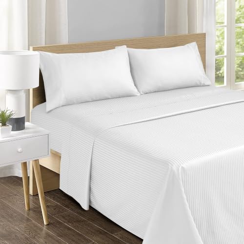 White Stripe King Size Cotton Sateen Bed Sheet Set - 500 TC, 4-Piece