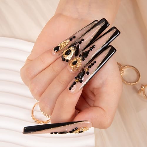 LOVFUL Press on Nails Obsidian Palace Black French Tip | Handmade with Full Covered Crystals | Reusable Full Cover Nails | Square Long 2.2 in | H165-S