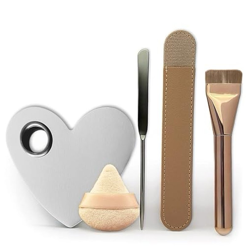 Makeup Brush Set - Flat Foundation Brush, Blender Sponge, Face Spatula, Puff & Heart-Shaped Mixing Palette with Leather Case ? Complete Face Makeup Tool Kit for Blending, Foundation & Application