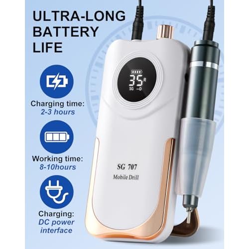 Professional Electric Nail Drill Kit 35000RPM with 14PCS Bits White Portable Rechargeable Cordless File Machine for Acrylic Gel Powder Nails and Manicure Pedicure Toenail Tool Salon Set