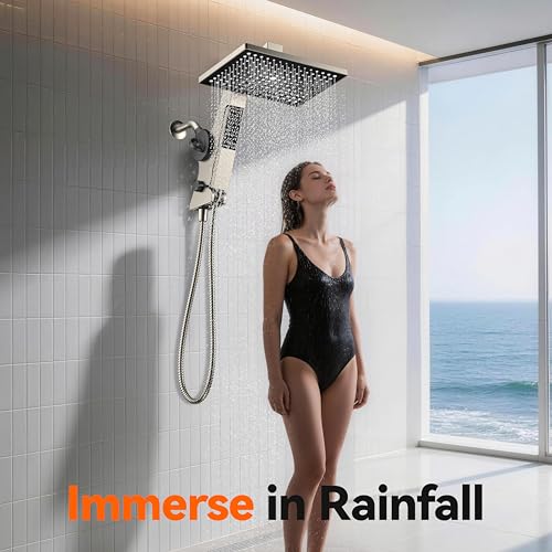 MakeFit Nickel Brushed Filtered Rain Shower Head & Handheld Combo High Pressure 12'' Dual Shower System with Water Softener