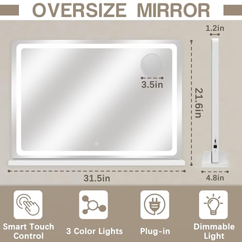 Large 32x22 Inch Lighted Vanity Mirror with Dimmable LED, Touch Control & USB - White