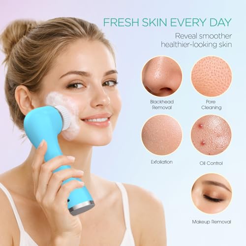 VOYOR Facial Cleansing Brush Rechargeable, Spin Face Brush Waterproof 5-in-1 Body Brush Set for Deep Skin Cleansing, Gentle Exfoliating and Massaging FB500 (Blue)