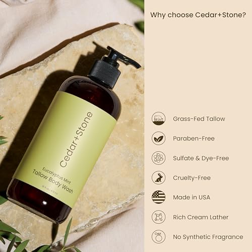 Cedar + Stone Clean Body Wash with Grass-Fed Tallow ? Sulfate-Free Natural Body Wash for Dry, Sensitive Skin ? Eucalyptus & Mint with USDA Organic Oils, 16oz