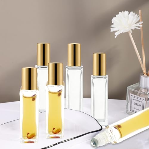 Gold 25 Pcs 10ml Square Glass Essential Oil Roller Bottles with Stainless Steel Balls