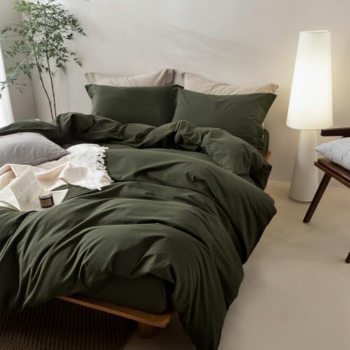 Oversized King Duvet Cover Set - Olive Green 120x98 Inches - Breathable Cotton