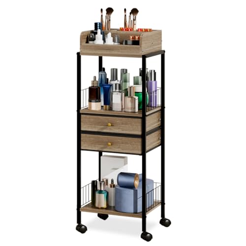 Makeup Organizer Cart Shelf Floor Skincare Organizers Make Up and Station Storage Cabinet For Vanity Standing Cosmetics With Drawers and Wheels For Nail Polish Perfume Hair Tool Beauty(Grey Oak)