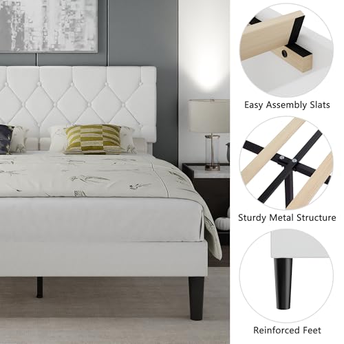 Queen Bed Frame with Upholstered Tufted Headboard - White, Adjustable & Noise-Free