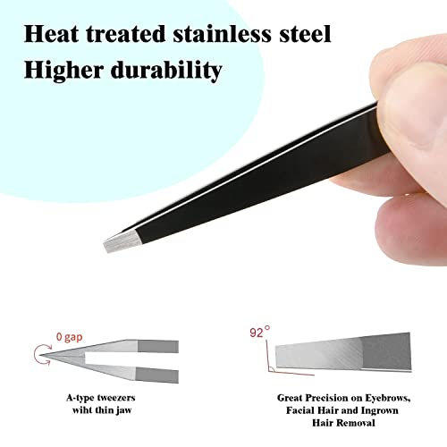 Stainless Steel Tweezers for Eyebrows-Flat Tweezer with Case for Women&Man,Great Precision on Brow,Facial Hair and Ingrown Hair Removal(Black)
