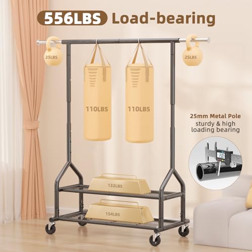 Black Heavy Duty Clothes Rack with 2 Shelves - 556 lbs Capacity, Adjustable Height & Wheels