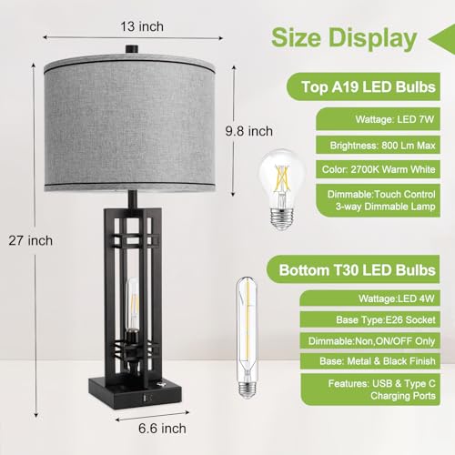 27-Inch Farmhouse Table Lamps Set of 2 with Gray Round Shade - Rustic Touch Control Decor