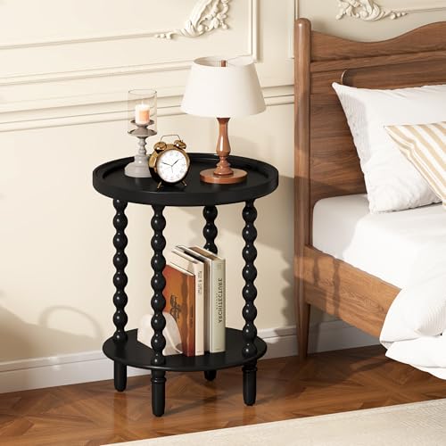 2-Tier Round Side Table with Storage Shelf Black Spindle Legs