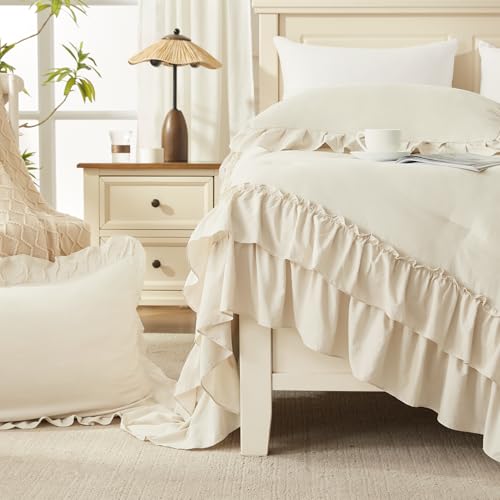 Beige Super King Plus Ruffle Comforter Set - 3 Pieces, 128"x120" | Elegant Bedding