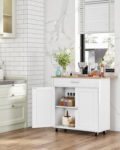 Kitchen Island Cart with Drop Leaf, Power Strip, Storage Cabinet & Drawer - White & Natural