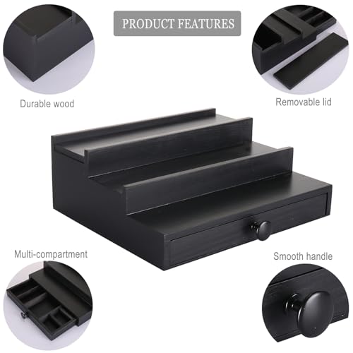 Men's 3-Tier Cologne Organizer Stand with Drawer - Black Wooden Display
