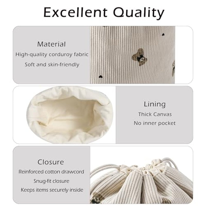 Aesthetic Corduroy Drawstring Makeup Bag, Cute Coquette Drawstring Cosmetic Bag with Canvas Lining, Bear Pattern Travel Makeup Organizer Case for Women Girls (04 Light Taupe)