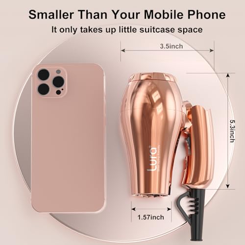 LURA Rose Gold Foldable Dual Voltage Travel Hair Dryer with Diffuser & Concentrator