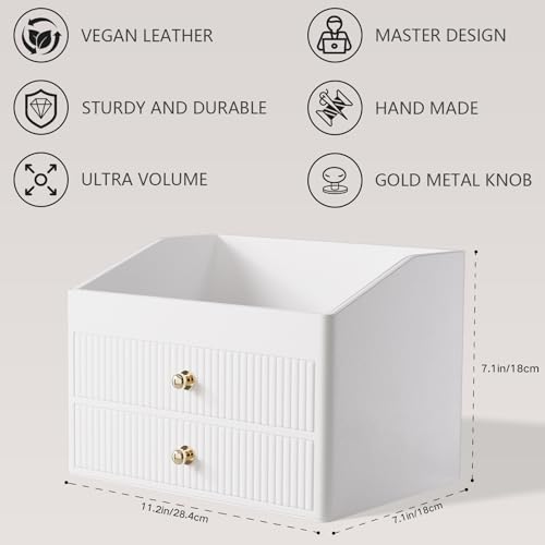 Makeup Organizer Countertop,Leather Makeup Storage with 2 Drawers,Large Capacity Beige White Make up Organizers for Counter,Bedroom,Bathroom,Birthday Gifts for Women