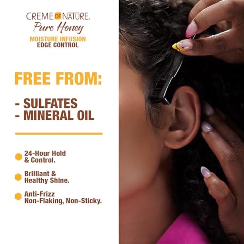 Creme of Nature Pure Honey Moisture Infusion Edge Control, 24-Hour Hold for Sleek Styles, Non-Flaking, Non-Greasy Formula with Coconut Oil & Shea Butter, 2.25 oz