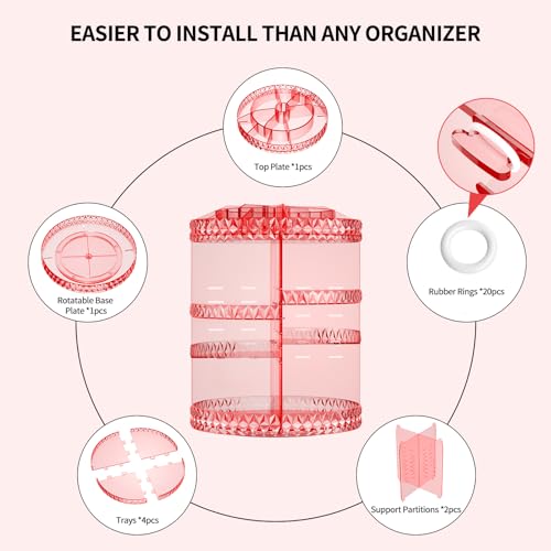 Pink 360° Rotating Makeup Organizer with Adjustable Compartments – Acrylic Cosmetic Caddy Shelf Storage for Lipsticks, Brushes & Accessories