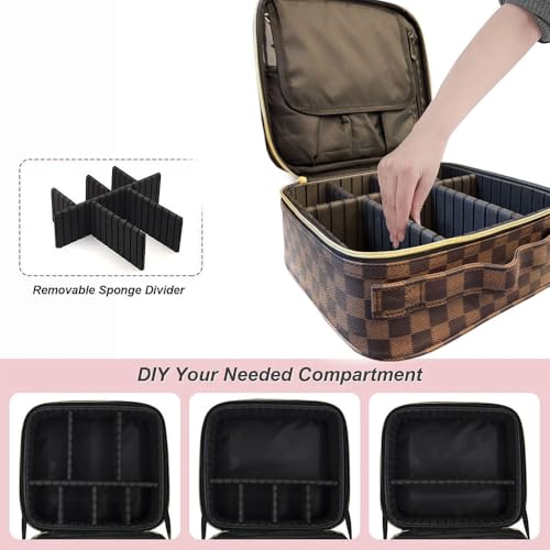 Brown Checkered Makeup Bag Organizer Travel Cosmetic Case with Brush Storage | Large Capacity Makeup & Skin Care Organizer with Adjustable Dividers | Stylish PU Leather Designer Vanity Bag