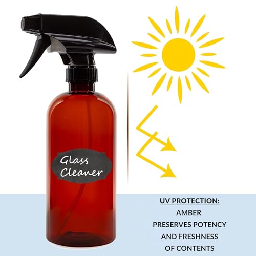 16oz Amber Plastic Spray Bottles with Heavy Duty Mist & Stream Sprayers - Pack of 6 - Chalkboard Labels Included