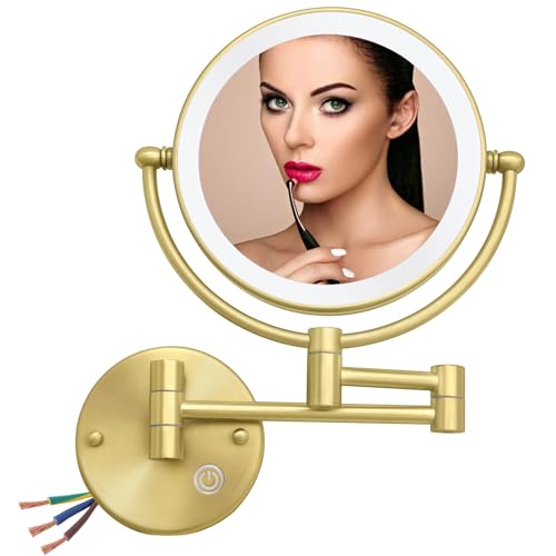 RECKODOR Brushed Gold Wall Mounted Lighted Makeup Mirror 5x Magnification
