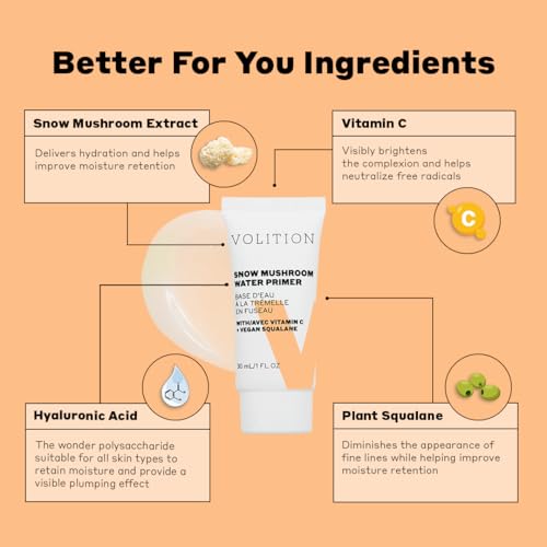 Volition Beauty Snow Mushroom Water Primer with Vitamin C + Vegan Squalane | Silicone-Free Formula to Mattify, Blur & Smooth | Visibly Minimizes Lines & Pores | Soothes Redness & Extends Makeup Wear