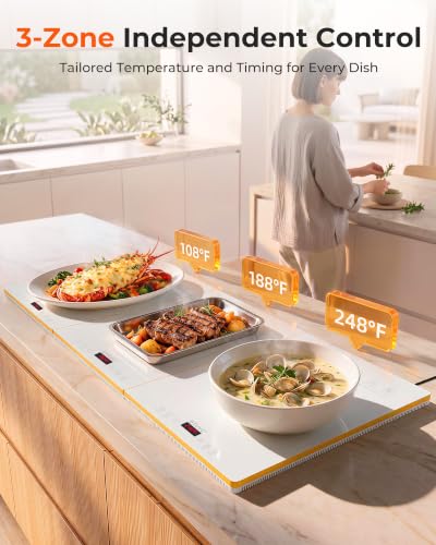 BTUVC 3-in-1 Warming Trays for Buffets, 36x16, Independent Temp Control, 24H Timer, White-Gold