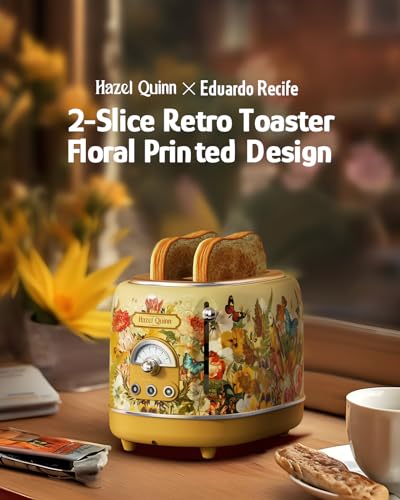 Retro 2-Slice Toaster with Floral Print - 6 Shade Levels & Wide Slots - Hazel Quinn