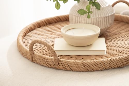 Kate and Laurel 22.4-Inch Natural Woven Rattan Serving Tray with Handles - Boho Style