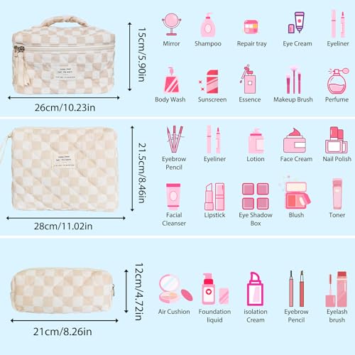 Cozomga 3pcs Brown Checkered Quilted Makeup Bag Set - Travel & Daily Organizers
