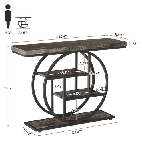 Charcoal Black Industrial Console Table with Circle Base, 4-Tier Narrow Sofa Entryway