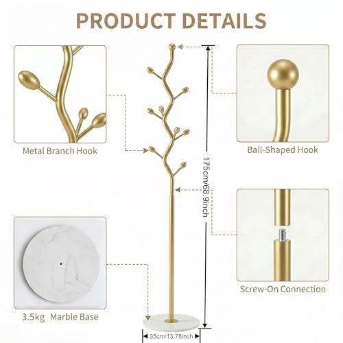 Gold Freestanding Coat Rack with Marble Base & 9 Hooks - Modern Entryway Organizer