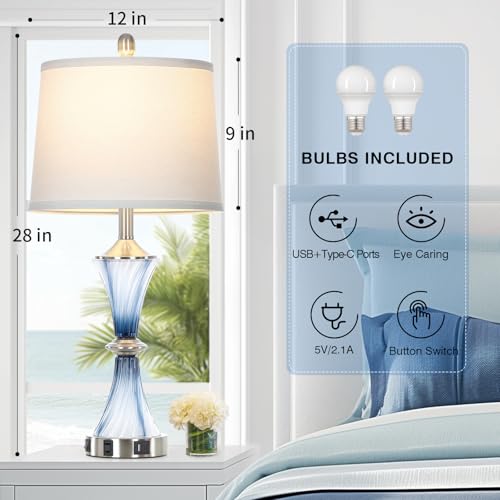Blue Glass Table Lamp Set of 2 with USB-C & Power Outlet - Modern Bedroom Nightstand Lamps