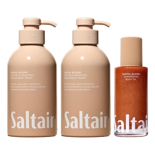 Saltair 2-Pack Body Wash and Shimmering Body Oil Set ? Moisturizing Cleanser and Dry Oil Moisturizer with Light-Reflecting Pearl Pigments. After-Shower Skincare Glow ? Santal Bloom Scent