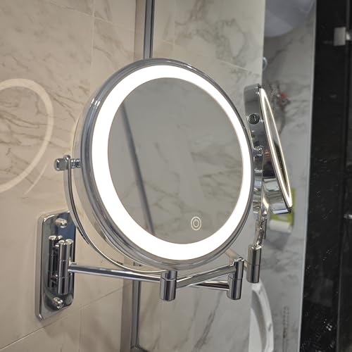 JANEEVA Chrome 8-Inch Wall Mounted Lighted Makeup Mirror 1X/10X Magnification, Touch Dimmable, 360° Swivel