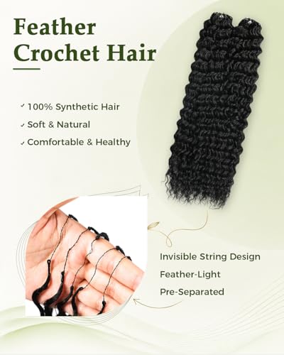 Deep Wave Feather Crochet Hair 22 Inch 100 Strands - Black, 1B Variation