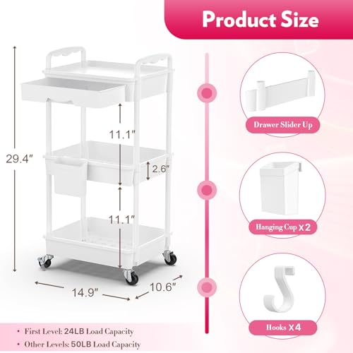 Makeup Cart Organizer with Drawers, Floor Skincare Organizers Vanity Storage Organizer, Rolling Makeup Bathroom Storage Cart Cosmetics Display Cases for Skin Care Perfume Nail Polish, White