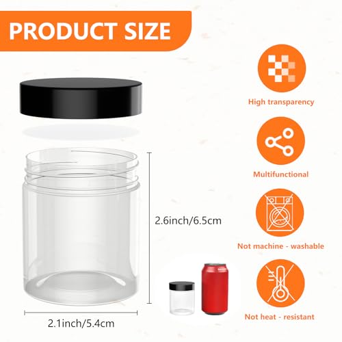 ihomecooker 84PCS 4oz/125ml Small Plastic Jars with Screw On Black Lids Seal Stickers Bottle Lid,Clear Container for Storing Dry Food,Spice,Lotion, Cosmetic, Slime, Honey Jam, Cream, Butter