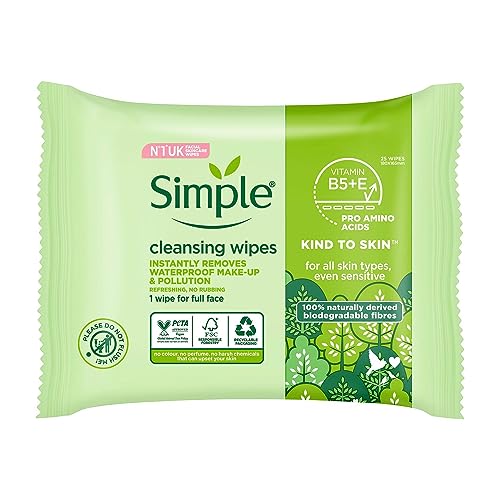 Simple Aloe Vera Sensitive Skin Facial Wipes - Waterproof Makeup Remover, 25 Count (4 Pack)