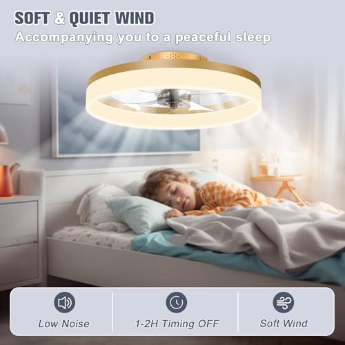 Gold Low Profile Ceiling Fan with Lights and Remote 19.7in Smart Bladeless LED Fandelier